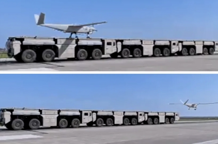 Khoảnh khắc UAV Trung Quốc cất cánh từ máy phóng điện từ gắn trên xe tải